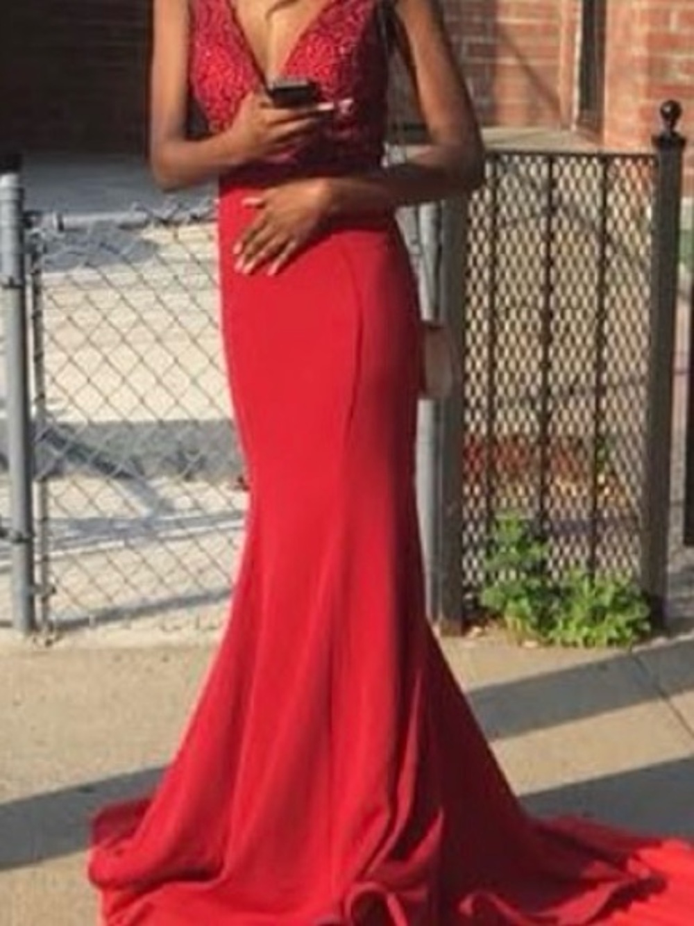 Red Beaded V-Neck Prom Evening Dress